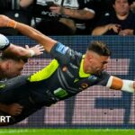 Catalans Dragons winger Tommy Makinson scores a try