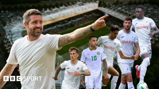 A combined image of Alan Sheehan and Swansea signings Ethan Galbraith, Adam Idah, Marko Stamenic, Cameron Burgess and Zeidane Inoussa