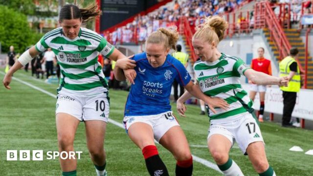 Celtic's Mathilde Cartsens and Morgan Cross and Rangers Mia McAulay