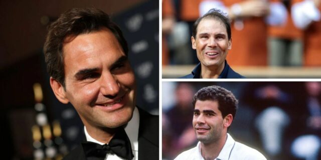 Zľava doprava: Novak Djokovic, Roger Federer a Rafael Nadal na francúzskom Open 2025 (Zdroj: Getty)