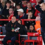 Ange Postecoglou has hands on his head as he watches Nottingham Forest slide to defeat