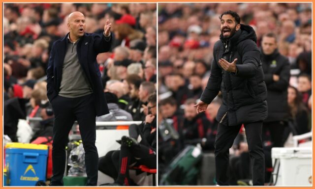 Arne Slot a Ruben Amorim na Anfielde