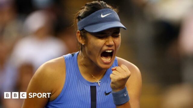 Emma Raducanu celebrates a point during the China Open