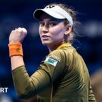 Elena Rybakina clenches her left fist in celebration