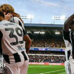 Anthony Elanga celebrates after Newcastle United's opening goal against Union Saint-Gilloise at Lotto Park on 1 October, 2025