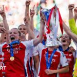 Arsenal players lift the Champions League trophy