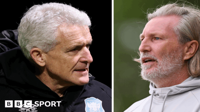 Head and shoulder images of Mark Hughes (left) and Robbie Savage (right)