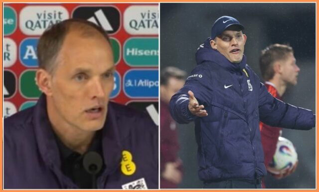 Thomas Tuchel hovorí počas tlačovej konferencie v Anglicku