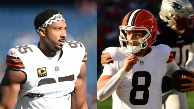 (Užite si) Myles Garrett intenzívne klope pokrývku hlavy na vedľajšiu logo pochodového šialenstva