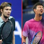 Alexander Bublík v akcii proti Alexejovi Popyrinovi (nie je na obrázku) v prvom kole dvojhry mužov na turnaji Paris Masters 2025 (Zdroj: Getty)