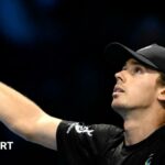 Alex de Minaur celebrates his victory against Taylor Fritz at the ATP Finals