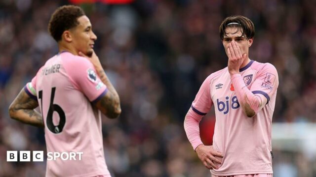 Marcus Tavernier and Alex Scott looking dejected during the game against Aston Villa