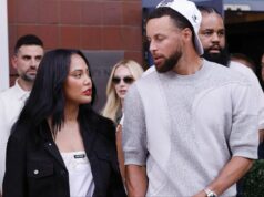 Ayesha Curry Drops 4 slová prikývla na vírusovú streľbu Steph Curry na Mesiac Billboard v LA logo pochodového šialenstva