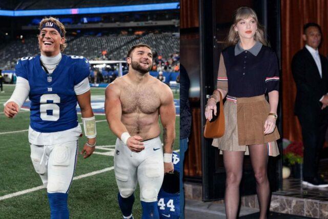 Cam Skattebo klaunov Jaxson Dart pred súbojom Giants MNF proti logo pochodového šialenstva