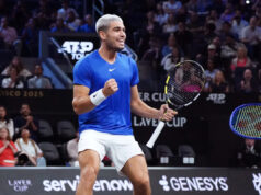 Carlos Alcaraz odstúpil z finále Davisovho pohára pre zranenie stehennej šľachy 21. septembra 2025; San Francisco, CA, USA; Hráč tímu Európa Carlos Alcaraz oslavuje zápasový bod vo svojom dvojzápase proti tímu World na Laver Cupe v Chase Center. Povinný kredit: David Gonzales-Imagn Images