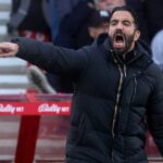 Ruben Amorim, manažér Manchestru United na postrannej čiare počas zápasu Premier League medzi Nottingham Forest a Manchester United na City Ground 1. novembra 2025 v Nottinghame v Anglicku.