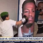 Skupina školákov, ktorí podporujú Eagles, zaútočila na boxerské vrecia oblečené ako hráči Cowboys