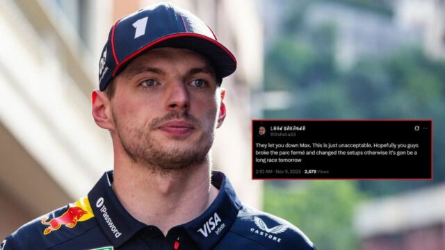 Fanúšikovia reagujú, keď holandský pilot máva bielou vlajkou v boji Holanďan Max Verstappen jazdí na Oracle Red Bull Racing RB21 Honda RBPT počas pretekov Formula 1 MSC Cruises Grande Premio De Sao Paulo 2025 v Sao Paule v Brazílii 8. novembra 2025 - Zdroj: Getty