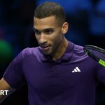 Felix Auger-Aliassime celebrates victory over Ben Shelton at the ATP Finals