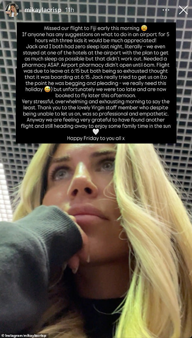 Footy WAG odhaľuje, že jej hviezdny manžel AFL zostal „prosiť Mikayla Crisp – manželka hviezdy Collingwood AFL Jacka – zdieľala na Instagrame príbeh o tom, ako jej mladá rodina zmeškala let na vysnívanú dovolenku na Fidži.