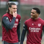 Riccardo Calafiori z Arsenalu počas tréningu v Sobha Realty Training Center 3. novembra 2025 v London Colney, Anglicko