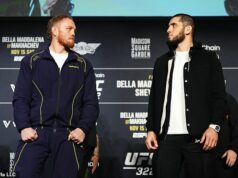 Islam Machačev a Jack Della Maddalena odmietajú prerušiť očný kontakt v napätom pohľade, pretože Dana White je nútený naskočiť pred obrovský zápas o titul UFC 322. Jack Della Maddalena (vľavo) a Islam Machačev (vpravo) zdieľali napätý pohľad