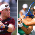 Split image of Jack Draper and Jessica Pegula playing backhands
