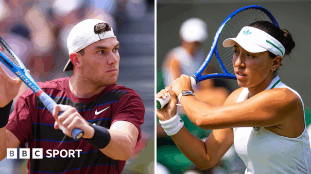 Split image of Jack Draper and Jessica Pegula playing backhands