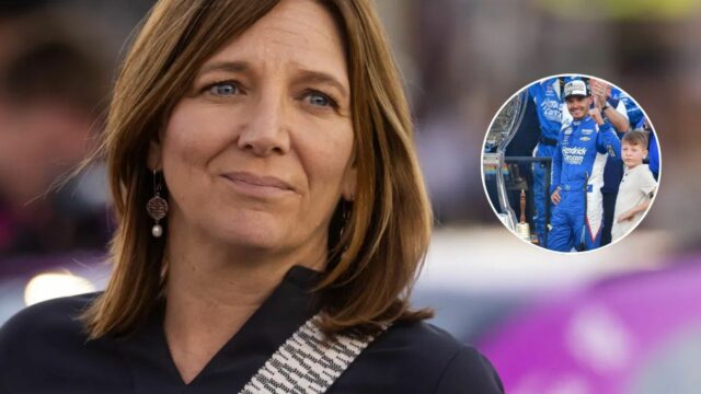 Kelley Earnhardt srdečne reaguje na Kylea Larsona a rodinné fotografie Kyle Larson a rodina pózujú s majstrovskou trofejou NASCAR Cup - cez @mrs_katelynlarson na Instagrame