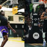 Nováčik z LA Lakers Adou Thiero pozdravuje hviezdu Milwaukee Bucks Giannisa Antetokounmpa za to, že mu dal loptu na jeho prvý kôš v NBA. (foto: @adou_thiero)