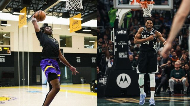 Lakers, 5,95 milióna dolárov, nováčik víta ušľachtilý krok Giannisa Antetokounmpa Nováčik z LA Lakers Adou Thiero pozdravuje hviezdu Milwaukee Bucks Giannisa Antetokounmpa za to, že mu dal loptu na jeho prvý kôš v NBA. (foto: @adou_thiero)