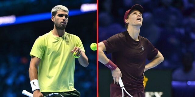 "Len povedz, že Carlos Alcaraz nie je tvoj priateľ." Carlos Alcaraz (vľavo) a Jannik Sinner (vpravo) na finále ATP 2025 (zdroj: Getty)