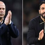 Holandský manažér Liverpoolu Arne Slot (vľavo) a portugalský hlavný tréner Manchestru United Ruben Amorim (vpravo)