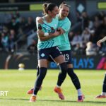 Freya Godfrey of London City Lionesses celebrates with team-mate Elena Linari after scoring her team's first goal