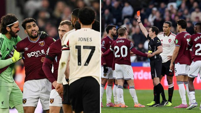 Lucas Paqueta obviňuje FA zo „smiešnej“ červenej karty proti Liverpoolu Rozhodca Darren England ukazuje druhú žltú a následne červenú kartu Lucasovi Paquetovi z West Ham United počas zápasu Premier League medzi...