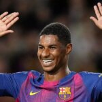 Marcus Rashford z FC Barcelona oslavuje gól