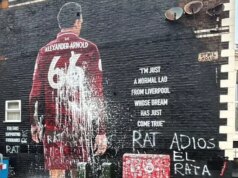 Nástenná maľba Trenta Alexandra-Arnolda sa zdá byť pred súbojom Liverpoolu a Realu Madrid znehodnotená Trent Alexander-Arnold.