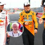 Oscar Piastri (81) a Lando Norris (4) z McLarenu sa zrazia, keď Max Verstappen vedie GP USA. Zdroj: Getty
