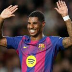 Marcus Rashford oslavuje po strelení gólu Barcleony