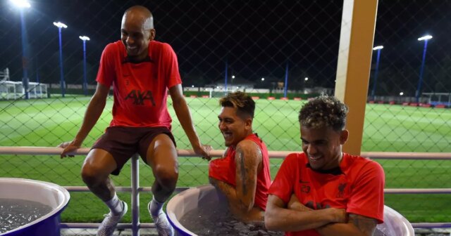 Real Madrid ma chcel, keď som odišiel z Liverpoolu – Fabinho, Roberto Firmino a Luis Diaz z Liverpoolu v ľadovom kúpeli na konci tréningu v Alpine Football Camp