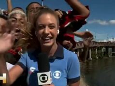 Športová reportérka v šokujúcom momente si necháva vlasy ťahať neposlušnými futbalovými fanúšikmi, ktorí cestujú na zápas Duda Dalponte, 25-ročný reportér z TVGlobo, robil časť o fanúšikoch Flamenga, keď sa pripravovali na cestu do Limy v Peru, aby videli svoj klub na Copa Libertadores.