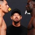 JACKSONVILLE, FLORIDA – 24. JÚNA: David Onama z Ugandy oslavuje vyraďovacie víťazstvo nad Gabrielom Santosom z Brazílie v ich zápase pérovej váhy počas podujatia UFC Fight Night vo Vystar Veterans Memorial Arena 24. júna 2023 v Jacksonville na Floride. (Foto: Josh Hedges/Zuffa LLC)
