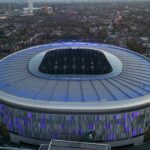 Letecký pohľad na štadión Tottenham Hotspur pred zápasom Premier League medzi Tottenham Hotspur a Chelsea FC na štadióne Tottenham Hotspur 6. novembra 2023 v Londýne, Anglicko