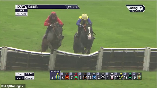 300-1! Wonder horse Blowers prekonal 36-ročný rekord a stal sa Blowers (vpravo) je krk a krk s obľúbeným On The Bayou na poslednej prekážke...