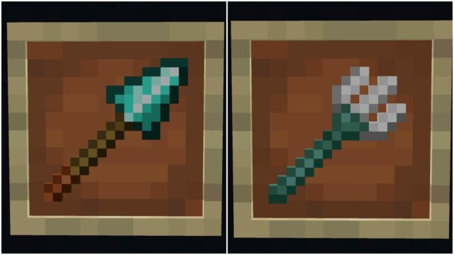 Ako sa tieto dve zbrane líšia? Oštep a trojzubec vyzerajú úplne inak (Obrázok cez Sportskeeda Gaming || Mojang Studios)