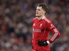 Alan Shearer robí brutálny vtip zo zadnej strany prvého gólu Floriana Wirtza v Liverpoole Florian Wirtz z Liverpoolu počas zápasu Premier League medzi Liverpoolom a Wolverhampton Wanderers