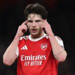 Declan Rice z Arsenalu počas zápasu fázy MD5 Ligy majstrov UEFA 2025/26 medzi Arsenal FC a FC Bayern München na štadióne Arsenal 26. novembra 2025 v Londýne, Anglicko