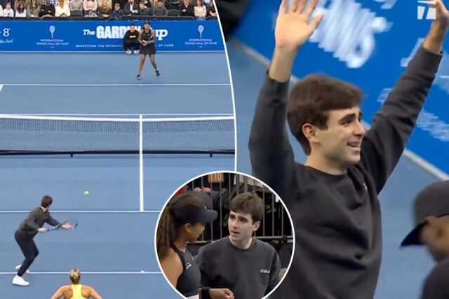 Aryna Sabalenka a Naomi Osaka majú za sebou fanúšika počas Aryna Sabalenka si vybrala fanúšika, aby o ňu súťažil v exhibičnom tenisovom zápase proti Naomi Osaka počas Garden Cupu v Madison Square Garden. X / @TenisChannel