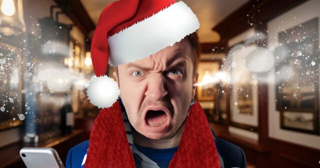 Počítačom vytvorený obrázok Harryho, ktorý drží pivo a telefón, z uší mu ide para, na hlave má vianočný klobúk