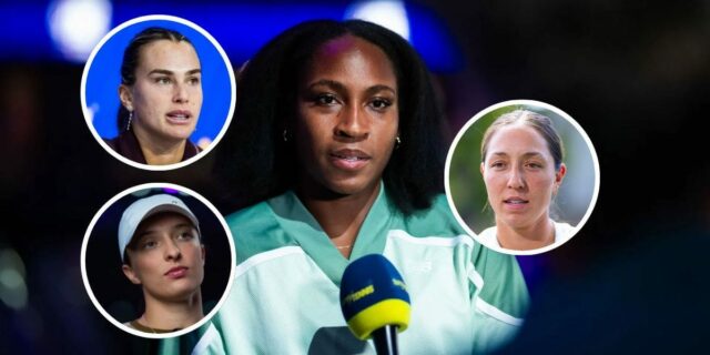 Coco Gauff na príkladoch Aryny Sabalenkovej, Igy Swiatekovej a Jessicy Coco Gauff počas tlačovej konferencie na US Open 2025 (Zdroj: Getty)